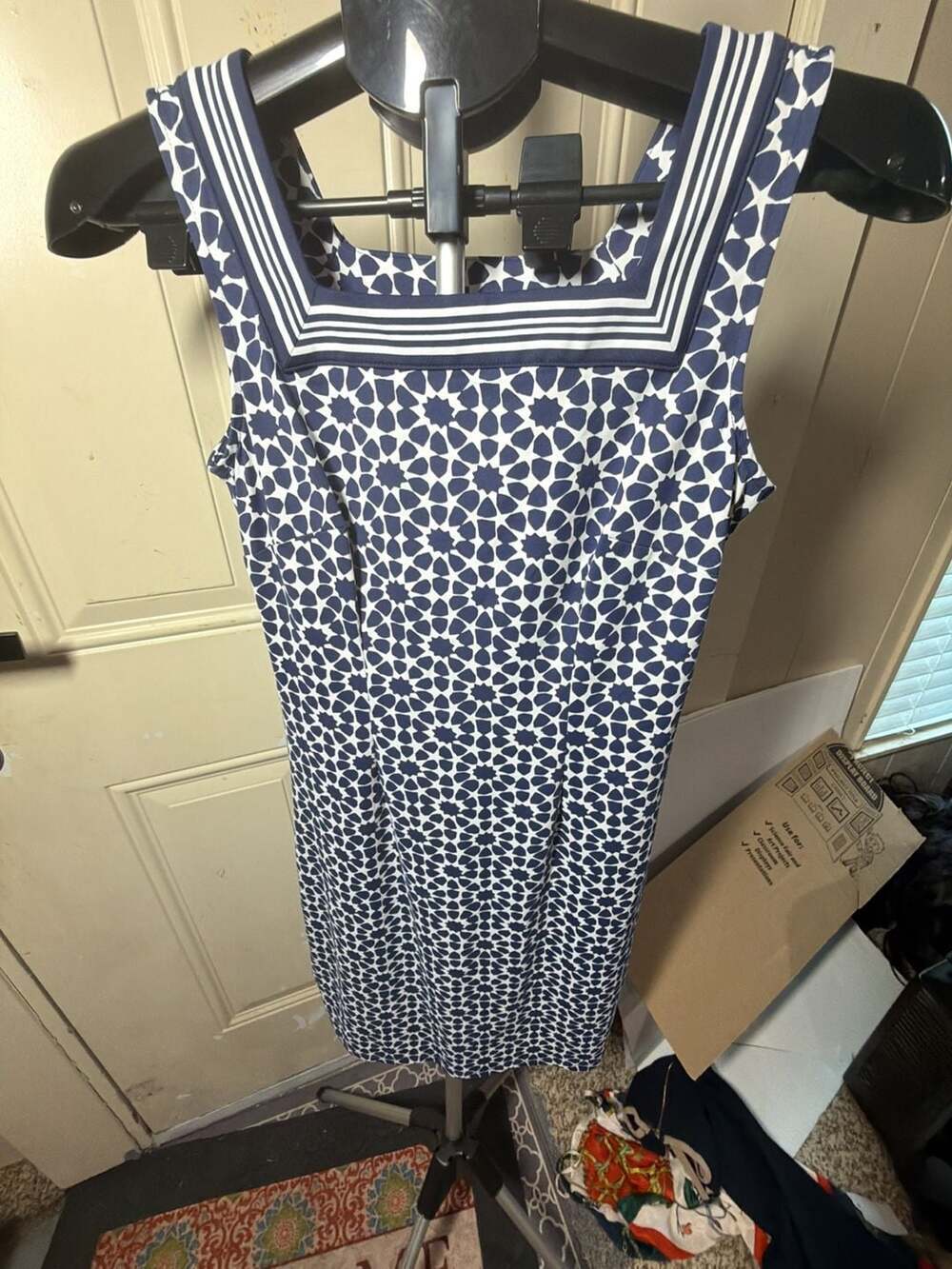 Talbots Petite Blue and White Geometric Print Sleeveless Square Neck Sheath Dres